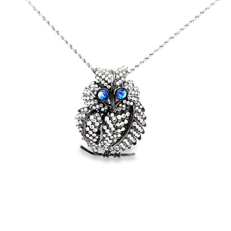 minimalist gold necklaces for women -Diamond Sapphire 18k Gold Rhodium Owl Pendant Necklace