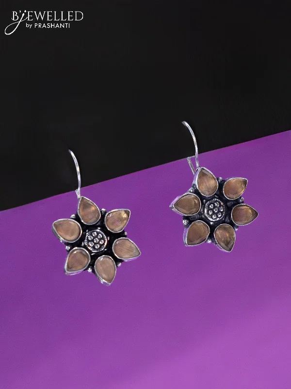 gold hoop earrings for women -Oxidised hanging type earring floral design with peach stones