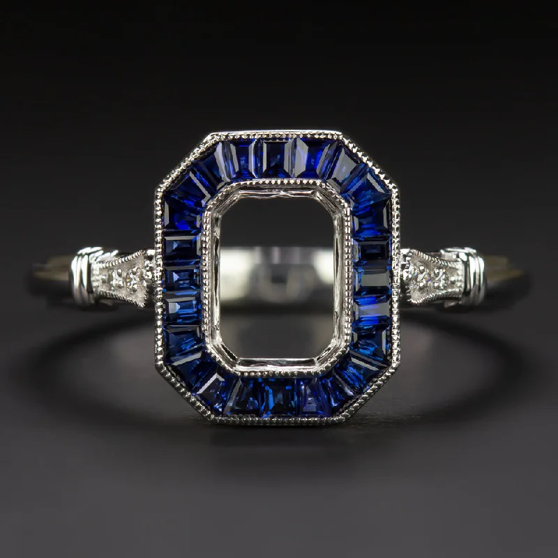 engagement rings with alternative stones -SAPPHIRE DIAMOND ENGAGEMENT RING SETTING RADIANT EMERALD MOUNT VINTAGE ART DECO