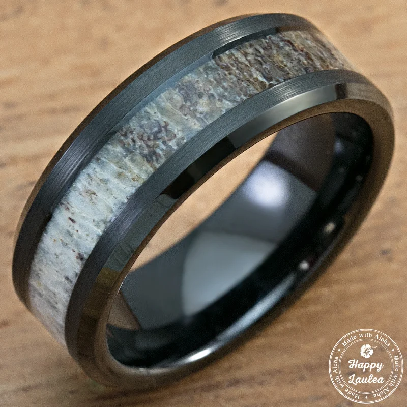 Black Tungsten Carbide Beveled Edge Ring with Genuine Elk Antler Inlay - 8mm, Flat Shape, Comfort Fitment