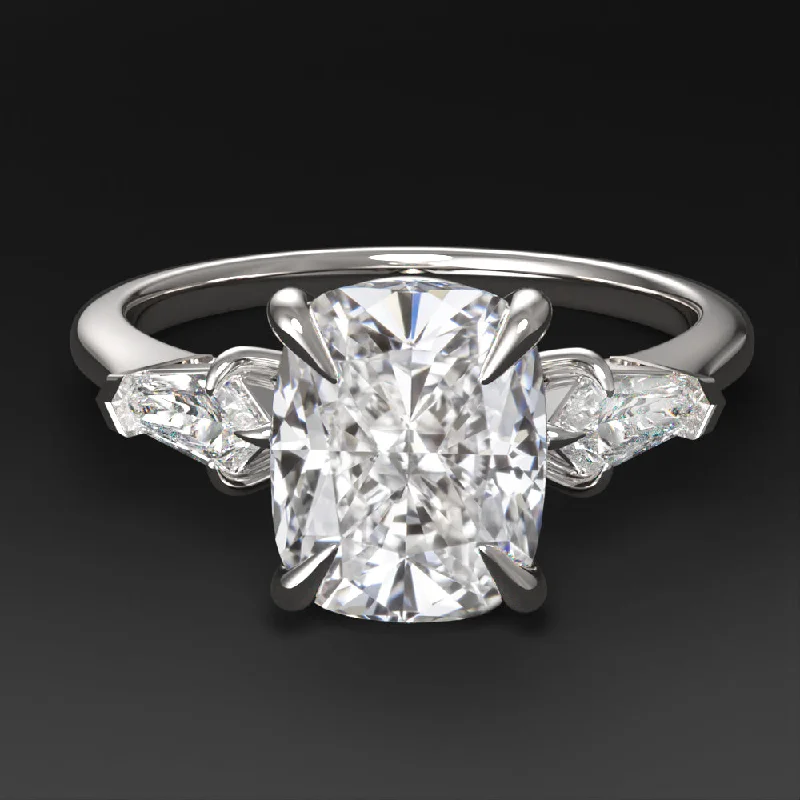 cushion cut engagement rings -2ct LAB CREATED DIAMOND ENGAGEMENT RING 3 STONE CUSHION BULLET CUT WHITE GOLD