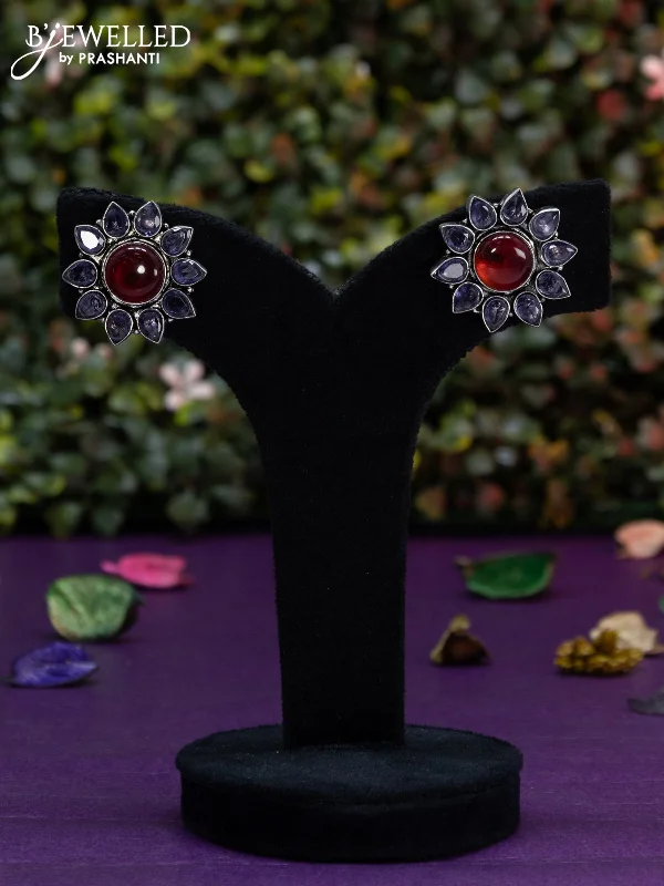 crystal drop earrings -Oxidised earring floral design with ruby & violet stones