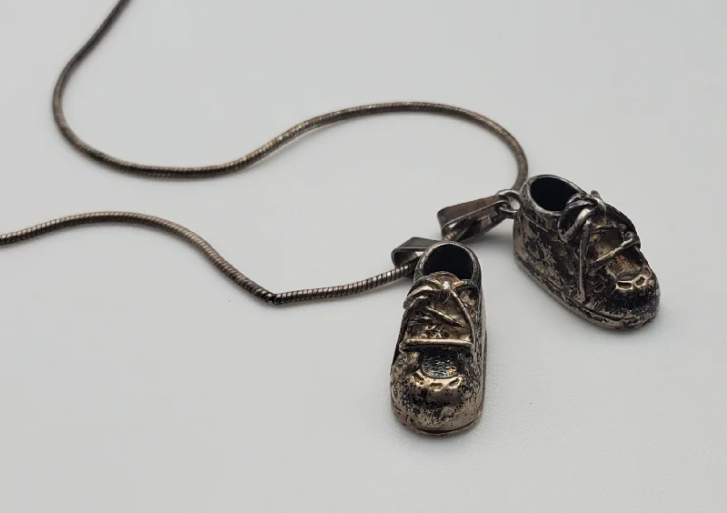 silver necklaces for women -Vintage Sterling Silver Baby Shoe Pendants on Sterling Silver Necklace - 24"