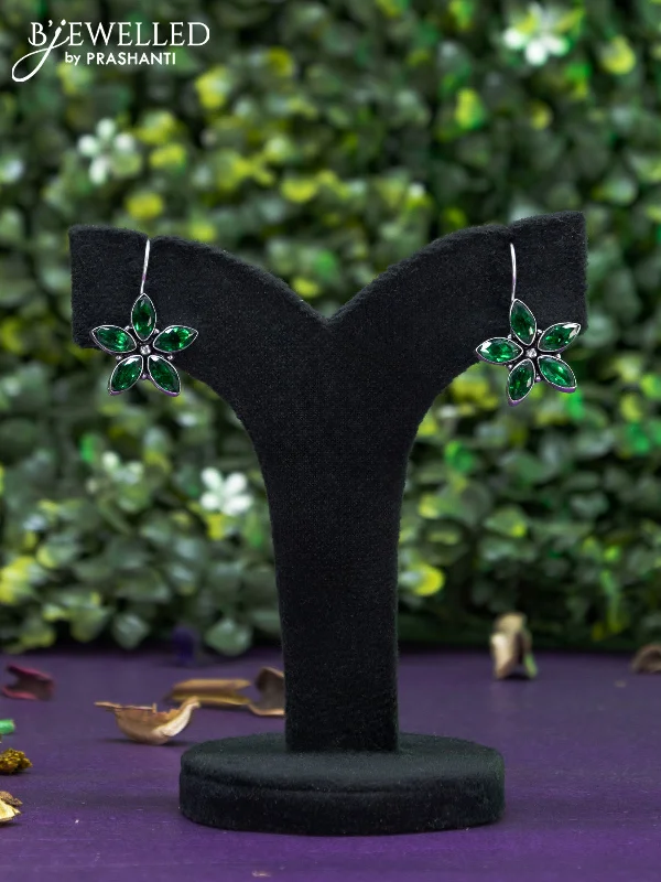 women’s gold drop earrings -Oxidised hanging type earring floral design with emerald stones