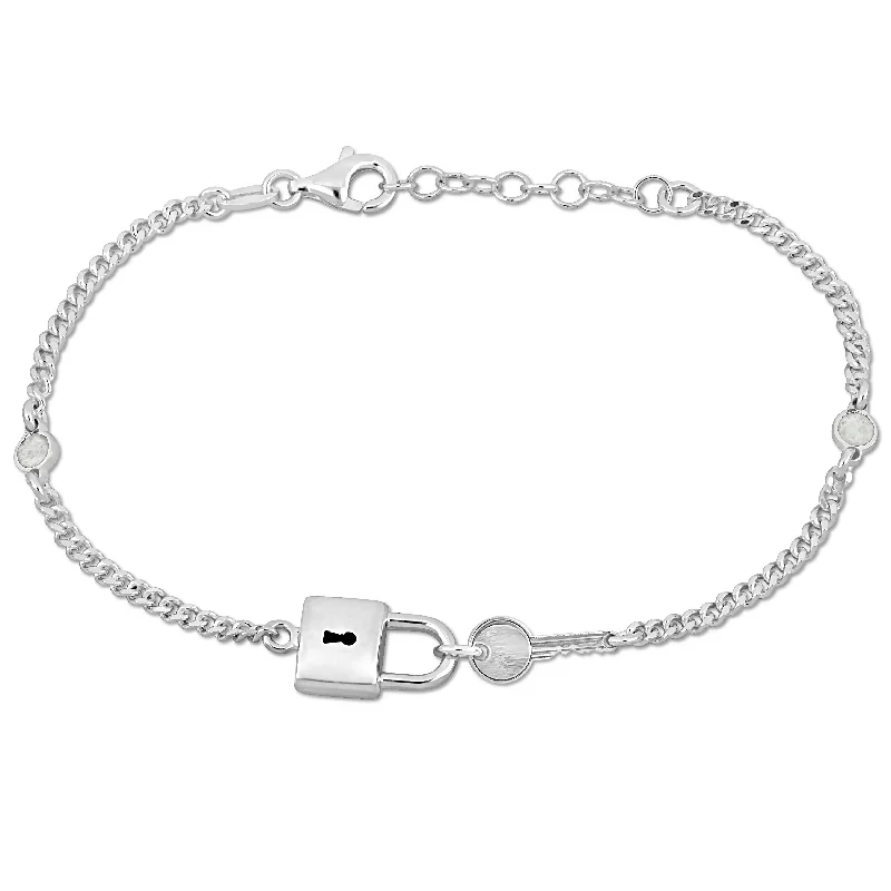 silver rings for women -Mimi & Max Lock and Key Charm Bracelet on 2mm Curb Link Chain in Sterling Silver - 6.5+1 in.