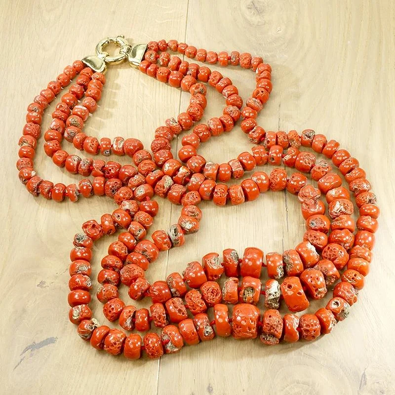 romantic necklaces for women -Three Strand Red Organic Bead Statement Necklace