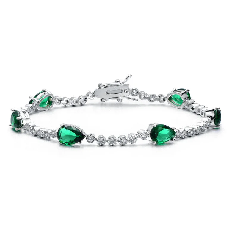 stacking rings for women -White Gold Plated with Pear Emerald Green & Clear Cubic Zirconia Tennis Bracelet