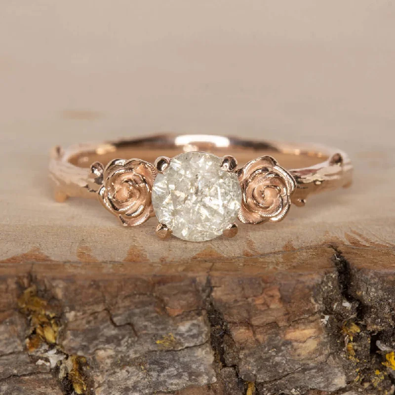 women’s oval engagement rings -FLORAL .65ct ROUND CUT NATURAL DIAMOND ENGAGEMENT RING RUSTIC ROSE GOLD BRANCH