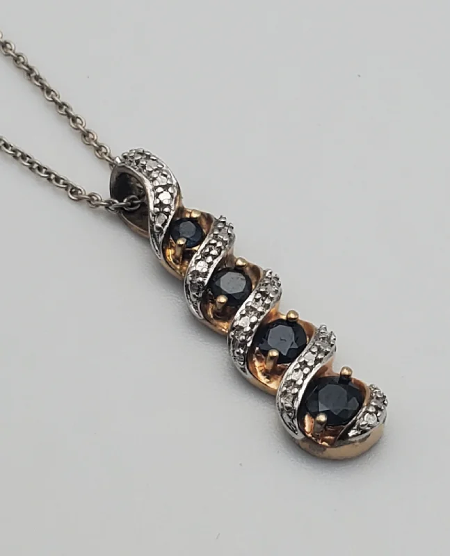 wedding necklaces for women -Ross-Simons - Blue Sapphire and Diamond Gold Tone Sterling Silver Pendant on Chain Necklace - 18"