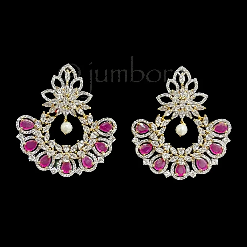 gemstone stud earrings for women -Statement AD Zircon (CZ) White & Ruby Red Chaandbali Earring