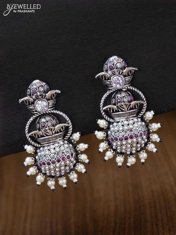 trendy ear climbers for women -Oxidised earring with ruby & cz stones and pearl