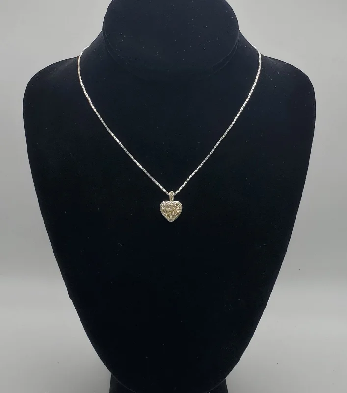 stunning statement necklaces for women -Vintage Silver Tone Rhinestone Heart Pendant on Silver Tone Box Link Chain Necklace - 18 +3"