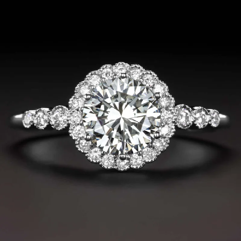 solitaire engagement rings -1ct CERTIFIED G VS2 DIAMOND ENGAGEMENT RING VINTAGE STYLE SCALLOPED HALO ROUND