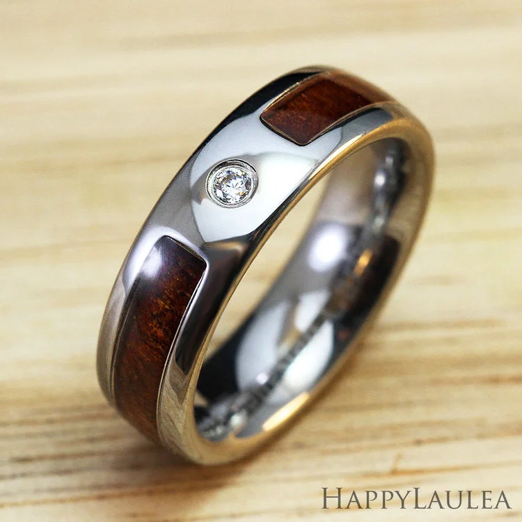 Tungsten Carbide Cubic Zirconia Ring with Hawaiian Koa Wood Inlay - 6mm, Dome Shape, Comfort Fitment