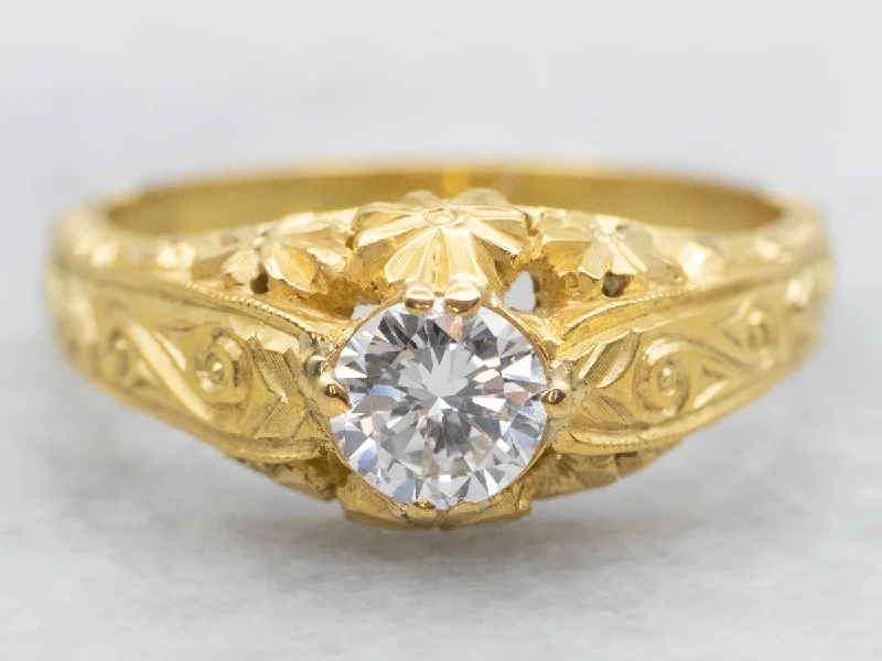 stackable engagement rings -Finely Carved Diamond Solitaire Gold Engagement Ring