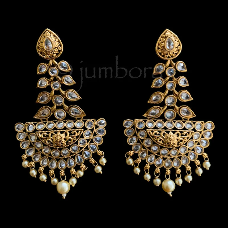 gold-plated earrings for women -Antique Gold Long statement white Earrings