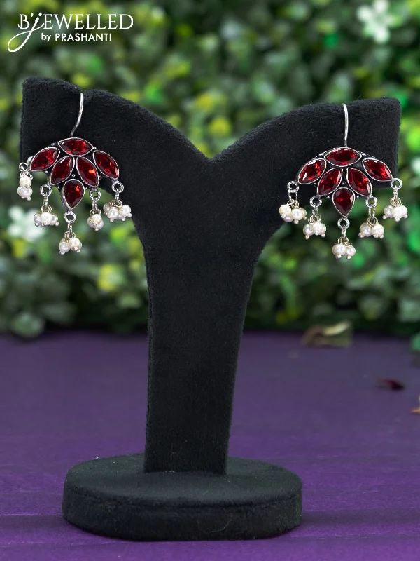 delicate earrings for women -Oxidised hanging type earring with maroon stones and pearl hanhing