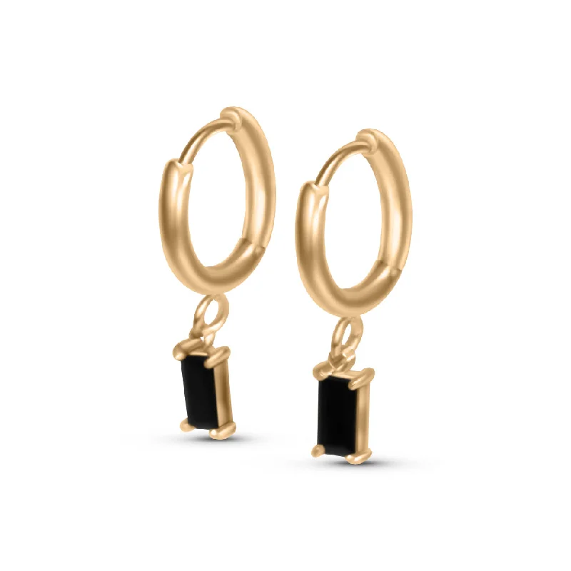 classic pearl earrings for women -Thin Black Stone Huggies