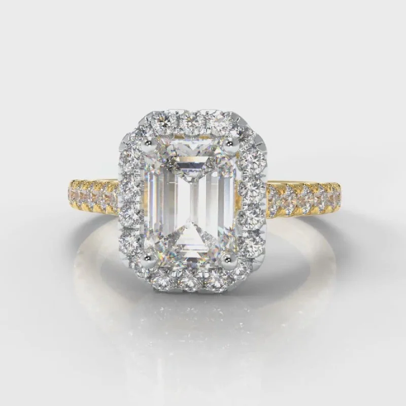 radiant cut diamond engagement rings -Micropavé Emerald Cut Diamond Halo Engagement Ring - Two Tone Yellow Gold