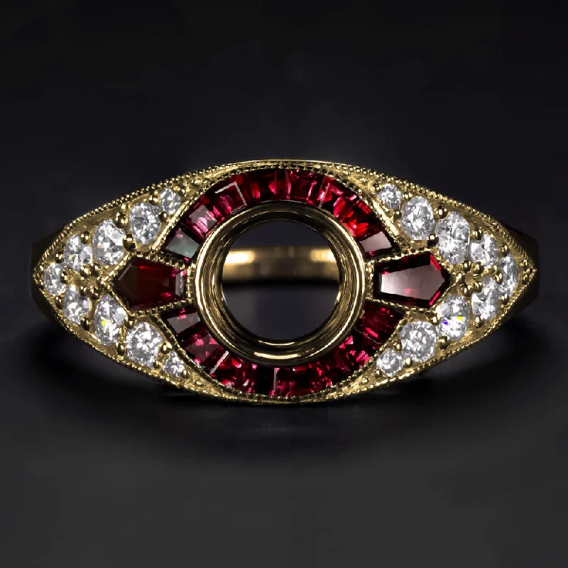 classic engagement rings -RUBY DIAMOND ENGAGEMENT RING SETTING GOLD ROUND VINTAGE STYLE ART DECO BEZEL