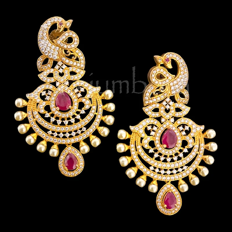 turquoise earrings for women -Statement Peacock Long AD (Zircon) Earring with Pearls