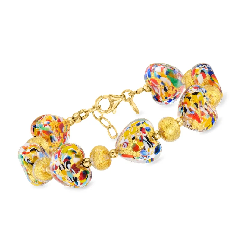 handmade charm bangles -Ross-Simons Italian Multicolored Murano Glass Heart-Shaped Bead Bracelet With 18kt Gold Over Sterling