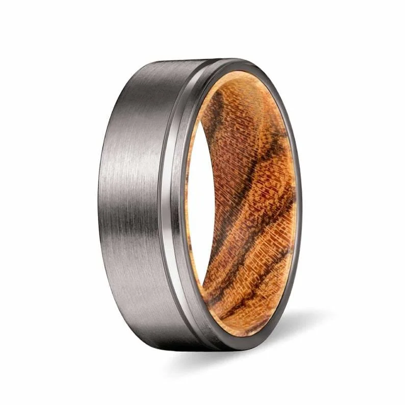 HARTO Men's Grooved Tungsten Wedding Ring w/ Bocote Wood Sleeve 8mm