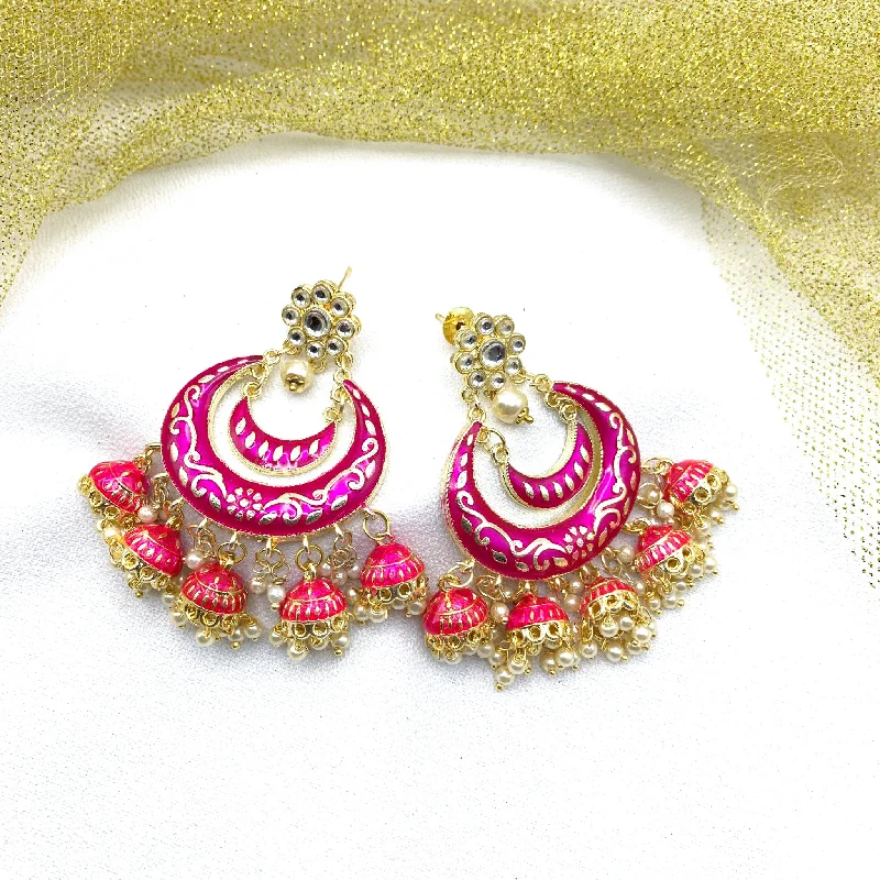 trendy stud earrings for women -Bollywood Style Hot Pink Hand-painted Chaandbali Earring with Jhumka with Kundan stud