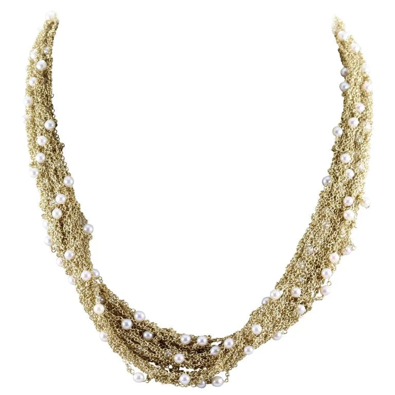 layered gold necklaces for women -Italian Midcentury Seed Pearl Mesh Gold Necklace