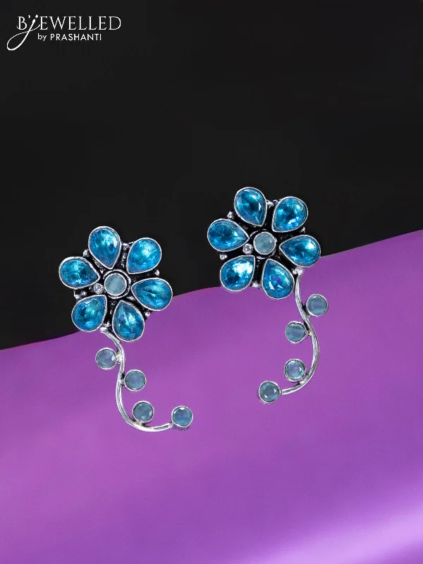 women’s sparkling earrings -Oxidised earrings floral design with ice blue stones