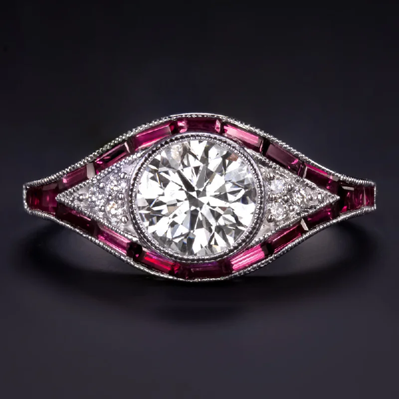 silver engagement rings -1.17ct F-G SI DIAMOND RUBY VINTAGE STYLE ENGAGEMENT RING ART DECO ROUND CUT RED