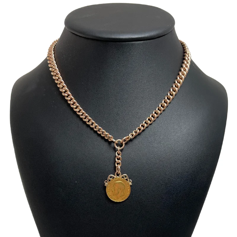 stacked necklaces for women -Antique English 9k Gold Watch Chain Necklace with 1911 Sovereign Coin Pendant