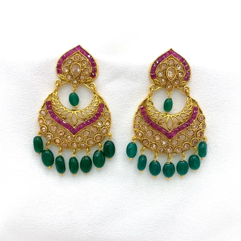 delicate earrings for women -Gala Antique Gold Chaandbali Earring in Red, Green and LCD stones