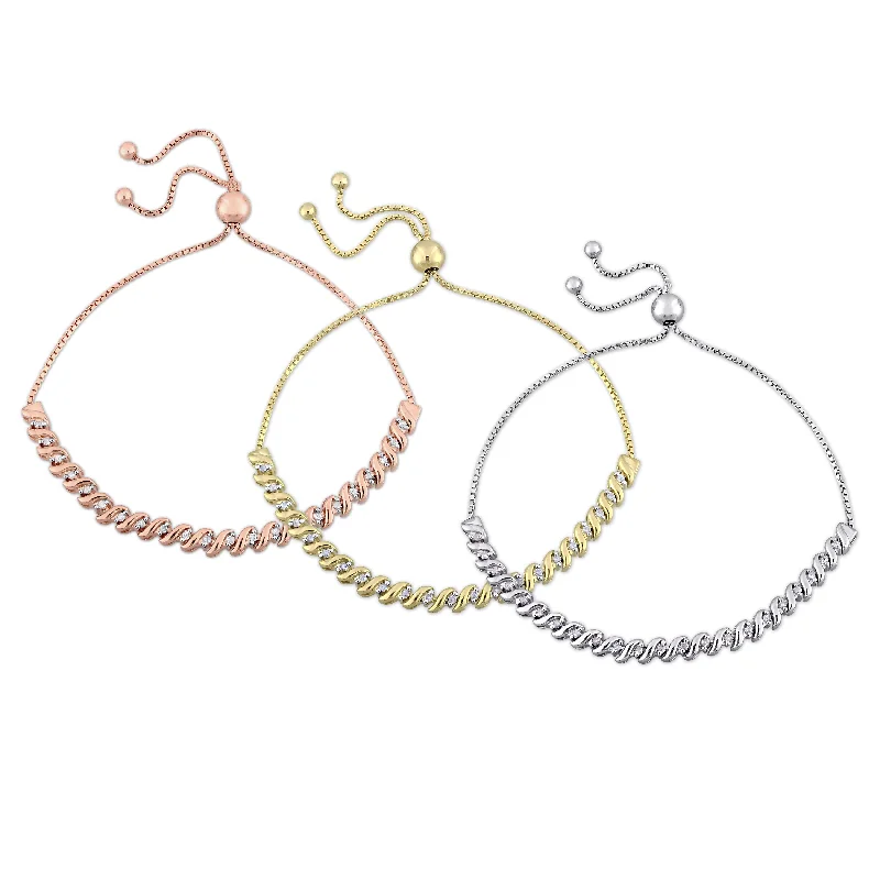 beautiful wedding bangles -Mimi & Max 3 Piece Set Of 3/4ct TDW Diamond Bolo Bracelest in White, Yellow and Rose Plated Sterling Silver