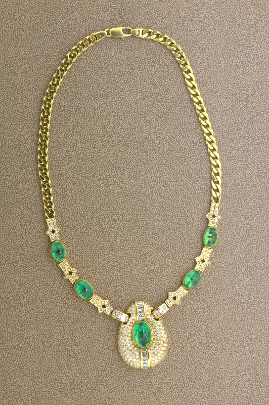 hand-crafted gold necklaces for women -Cabochon Emerald Diamond 18k Yellow Gold Necklace