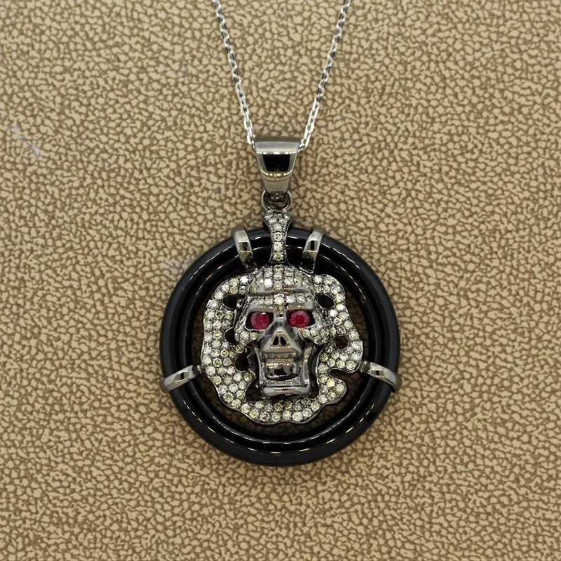 simple necklaces for women -Diamond Ruby Black-Onyx Gold Skull Pendant