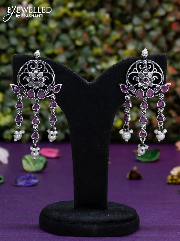 women’s earrings -Oxidised earring floral design with ruby stones and pearl hangings