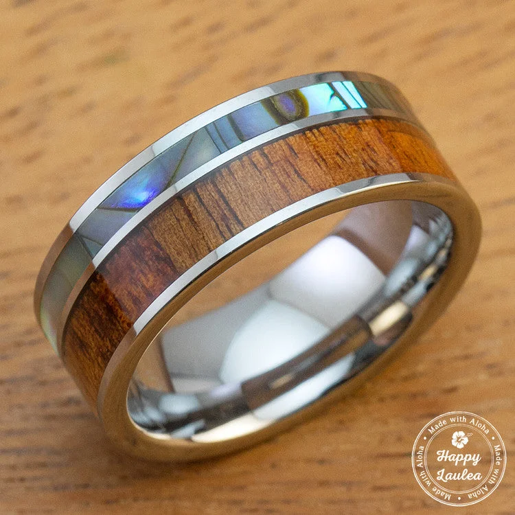 Tungsten Carbide Ring Ring with Abalone Shell and Koa Wood Offset Inlay