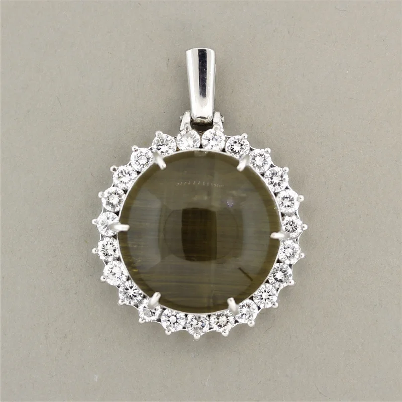 diamond heart necklaces for women -Large Cat’s Eye Quartz Diamond Halo Platinum Pendant