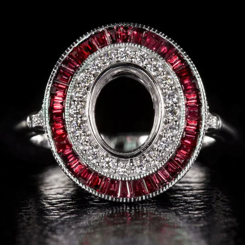 contemporary engagement rings -NATURAL RUBY DIAMOND OVAL ENGAGEMENT RING VINTAGE DOUBLE HALO SETTING SEMI-MOUNT