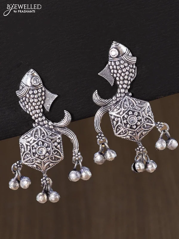 women’s vintage earrings -Oxidised earring fish design with cz stone and hangings