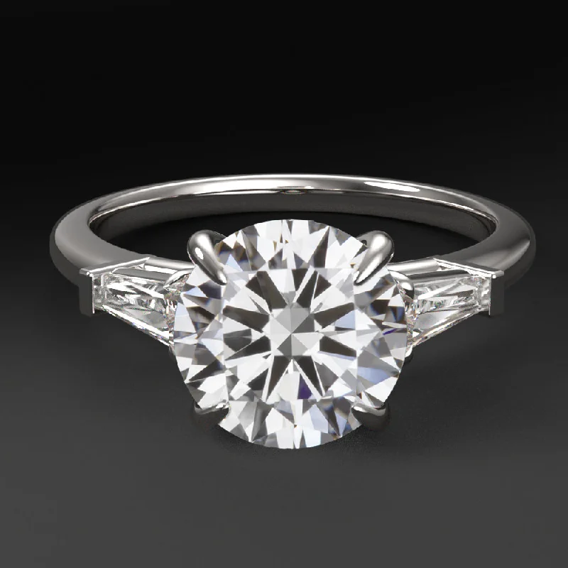 halo engagement rings -2ct LAB CREATED DIAMOND ENGAGEMENT RING 3 STONE ROUND CUT BAGUETTE WHITE GOLD