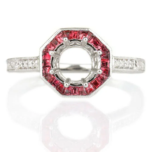 elegant engagement rings -VINTAGE STYLE RUBY HALO DIAMOND SEMI-MOUNT ENGAGEMENT RING ROUND SETTING 14K WG