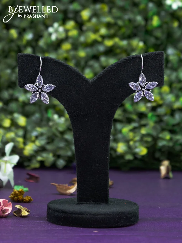 fashion-forward earrings for women -Oxidised hanging type earring floral design with cz stones