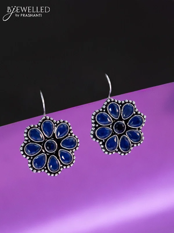 trendy earrings for women -Oxidised hanging type earring floral design with sapphire stones