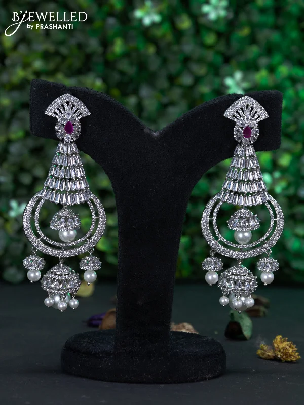 luxury pearl earrings -Zircon earring with ruby & cz stones and pearl hangings