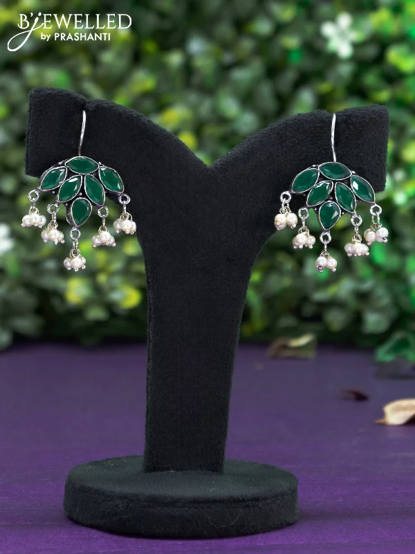 women’s birthstone earrings -Oxidised hanging type earring with emerald stones and pearl hanhing