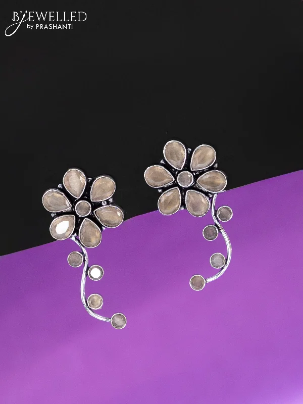 luxury gemstone earrings for women -Oxidised earrings floral design with peach stones