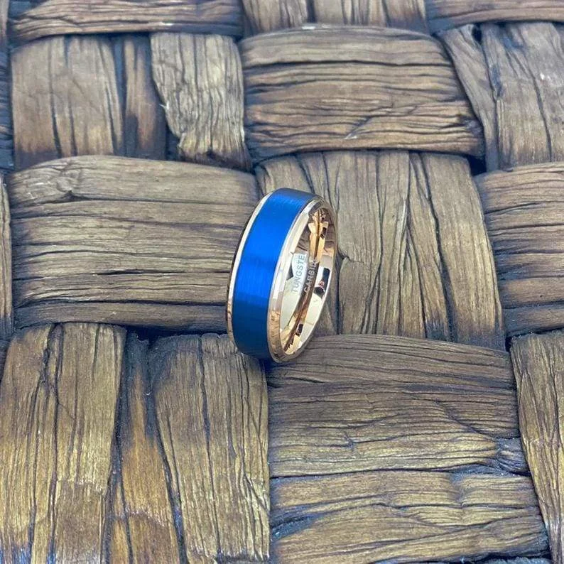 KIANO Men's Blue Brushed Tungsten Ring w/ Rose Gold Step Edges & inside 6mm & 8mm