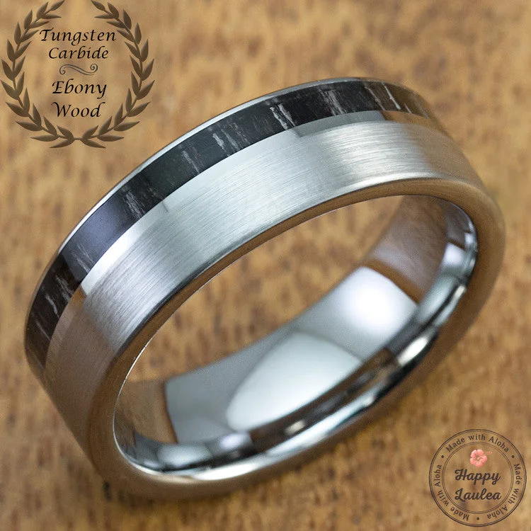 Matte Satin Finish Tungsten Carbide Ring with Black & White Ebony Gabon Offset Inlay - 7mm, Flat Shape, Comfort Fitment